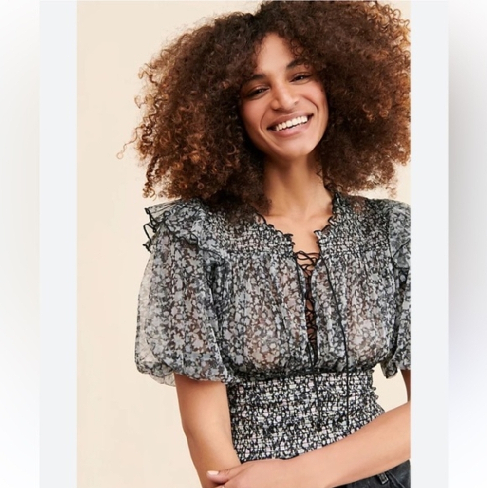 Free People Black Floral Sheer Blouse